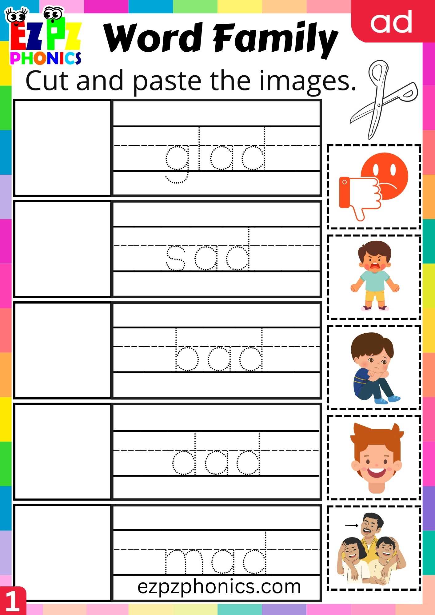 AD Words Cut And Paste The Images Phonics Word Families Worksheet